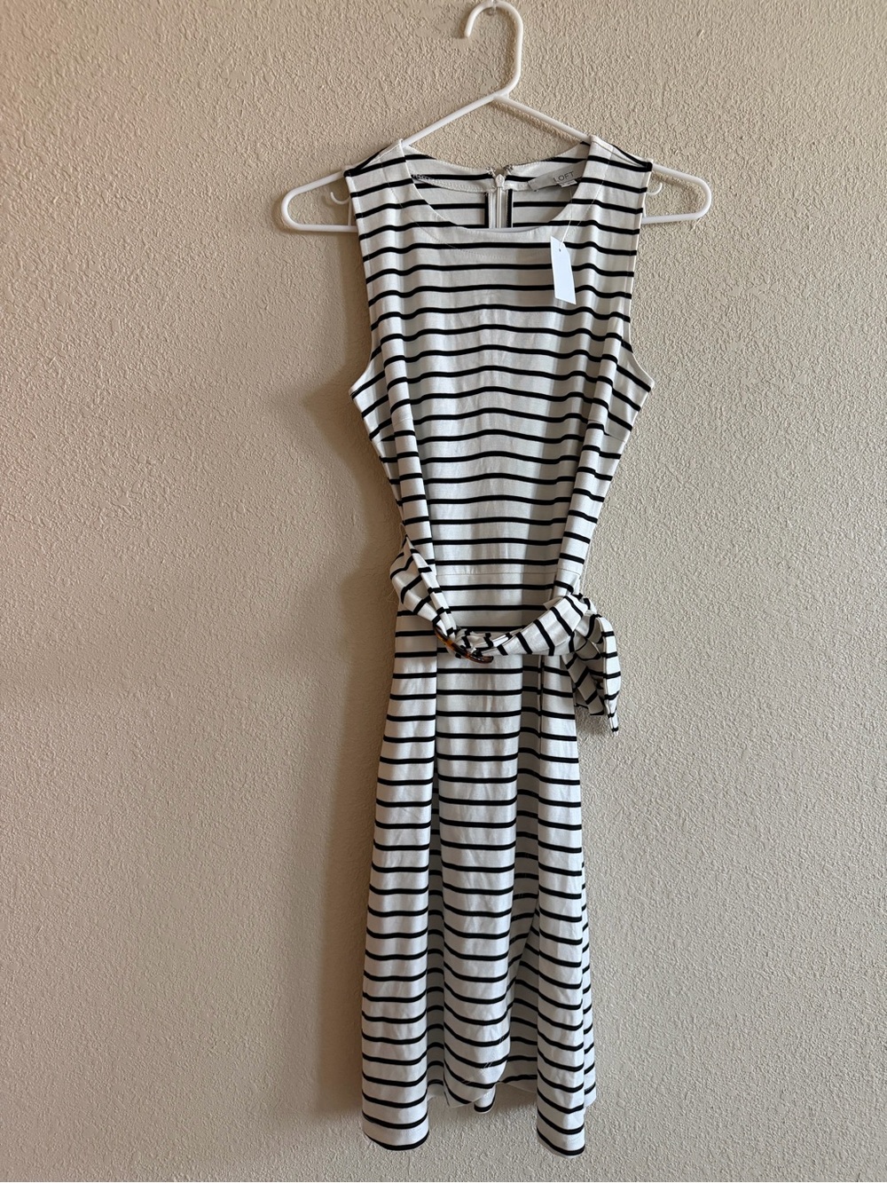 LOFT Black and White Striped Sleeveless Belted Midi Dress